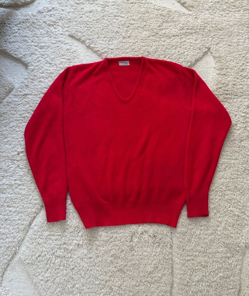 Vintage 60s 70s Arena Casuals Red V-Neck Sweater 100% Virgin Orlon Acrylic L